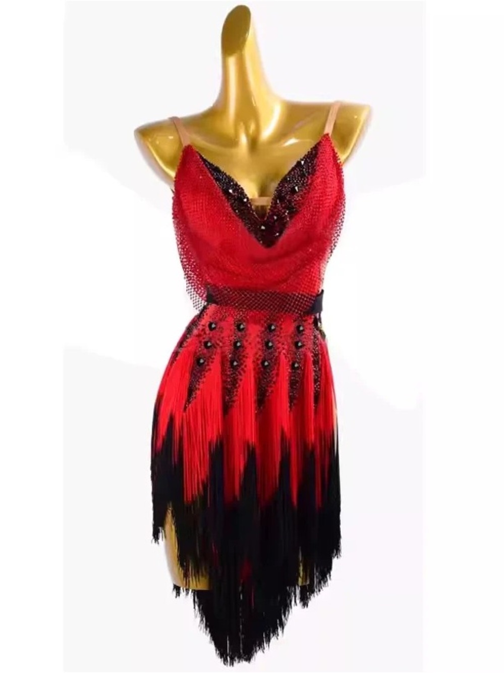 Latin Ballroom Red & Black Beaded Fringe Dance Dress-New!